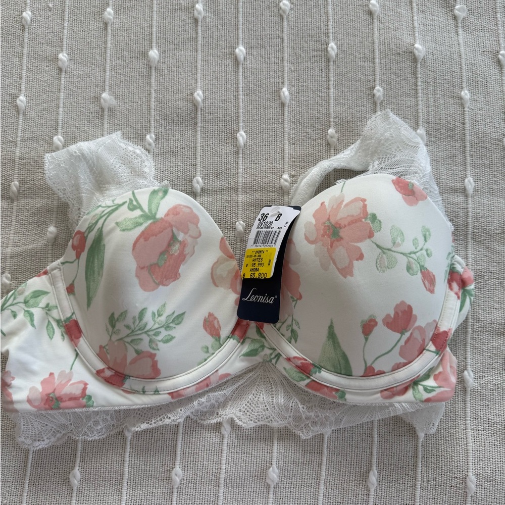 Leonisa Floral Lace Underwire Bra in White with Pink & Green
